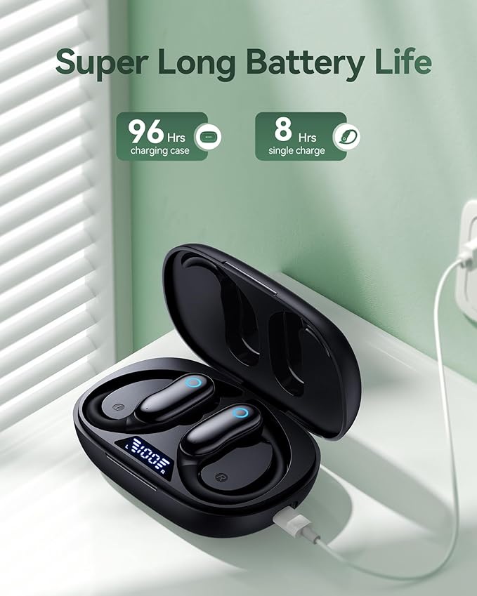 GNMN Active Noise Cancelling Ear Buds Wireless Earbuds 96hrs Playback Bluetooth Headphones Dual Battery Display Stereo Bass Earphones with Earhooks Microphone IPX7 Waterproof for Sports/Runing/Workout