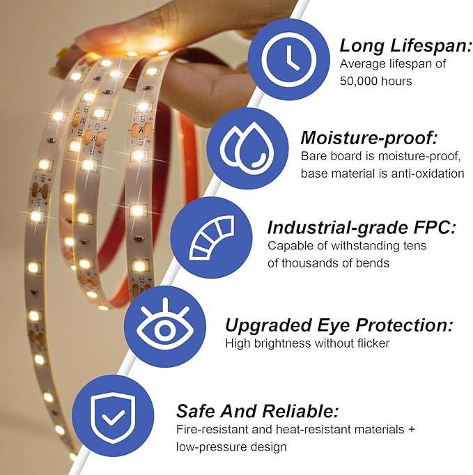 Warm White LED Strip Lights, 32.8ft Dimmable Bright Rope 3000K LED Light Strip, White 12V 600 LEDs Flexible Tape Lights for Bedroom, Mirror, Kitchen Decoration