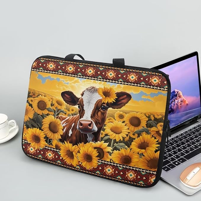 15 Inch Laptop Sleeve, Laptop Cover Computer Bag Tablet Carrying Case with Handle, Tribal Sunflower Cow Water-Repellent Tote Bags Notebook Sleeves Handbag Messenger Briefcase