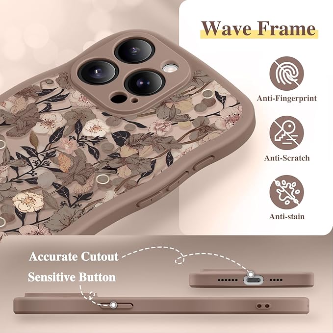 GVIEWIN for iPhone 15 Pro Max Case Compatible with MagSafe [Curly Wave Edge][Full Camera Protection] Floral Translucent Shockproof Magnetic Women Phone Case for 15 Pro Max 6.7'', Apricot Blossom/Brown