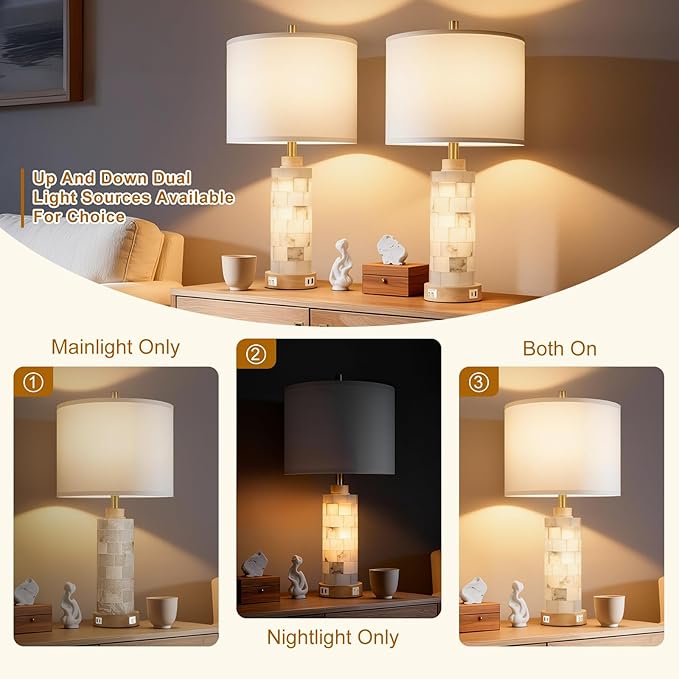 KIVDITZO 27" Alabaster and Wood Table Lamp Set of 2 with Night Light Nightstand Lamps with USB Ports White Linen Fabric Shade Bedside Lamp Decor for Living Room Bedroom Home Office Hotel Bar House