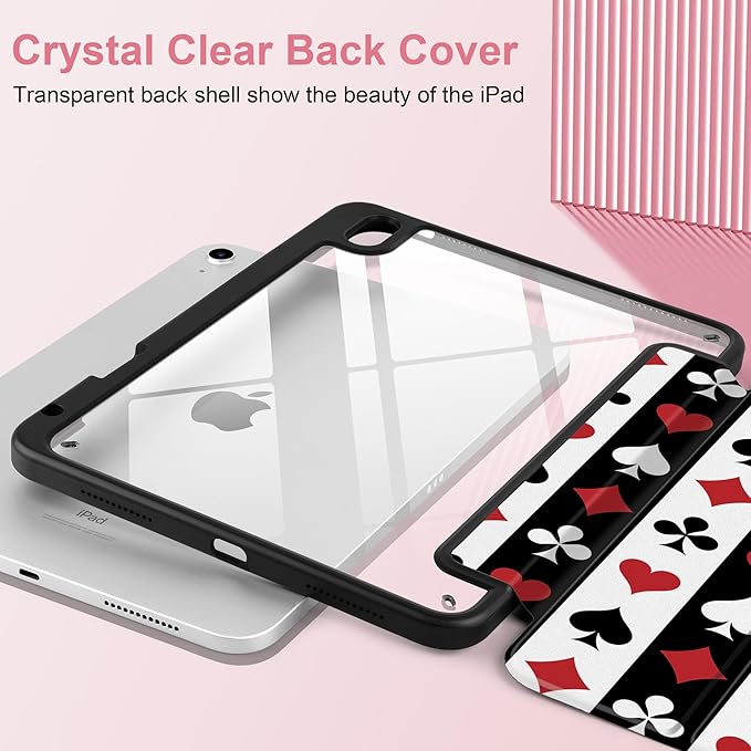 Case for iPad Air 11 inch M4 2026 M3 2025 M2 2024,iPad Air 5th (2022) / 4th (2020) 10.9 Inch Clear Back Shell Lightweight TPU Trifold Stand Auto Wake Sleep Cute Cover, Suit of Playing Card
