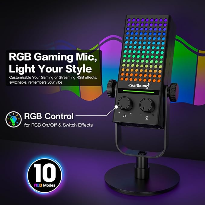 ZealSound Gaming Microphone for Xbox, PC & Mac, Noise Cancellation Streaming Mic with One Tap Mute, RGB Lighting, Monitoring, Gain Control, Condenser Mic for iPhone, Computer, Podcast, Gamer, YouTube