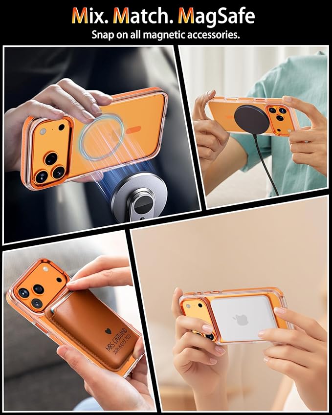 Full Body Protection Kit for iPhone 17 Pro Max Case, MagSafe Compatible Clear Cover, Orange Non-Slip Grip Bumper, N52 Magnetic Backing, Includes Tempered Glass Screen Protector and Lens Film