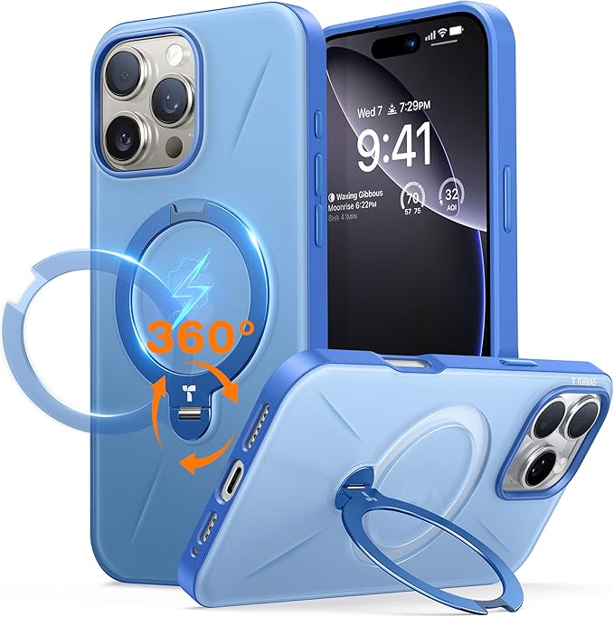 TORRAS 360° Spin Magnetic Stand for iPhone 16 Pro Max Case, Fit for MagSafe, Hard PC Protective Ostand Case for iPhone 16 Pro Max Phone Case with Kickstand Rotatable, Sapphire Blue