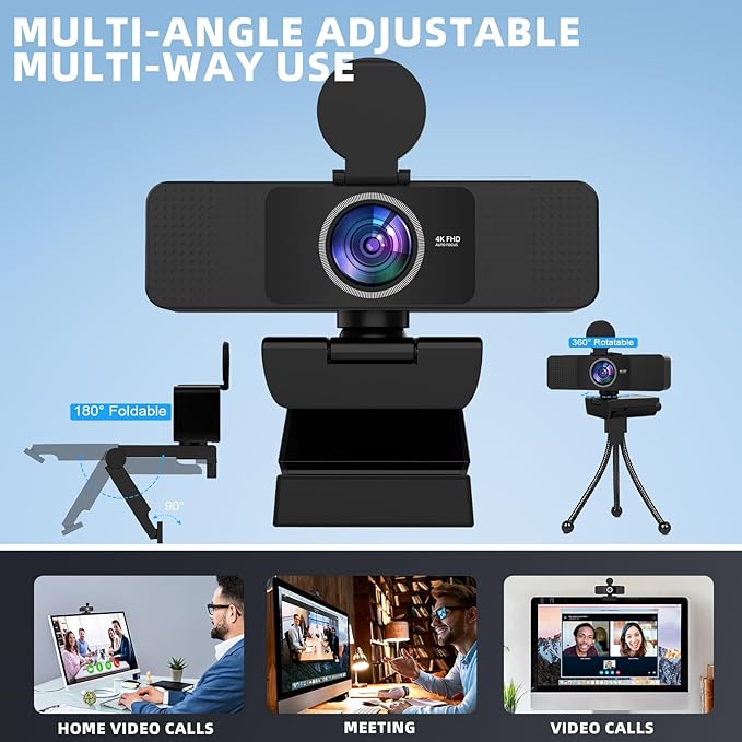 PEATOP Webcam 4K for PC Autofocus, Noise-Canceling Mic USB Plug & Play Webcam with Privacy Cover Camera 4K for Zoom/Teams/Skype/Google Meet