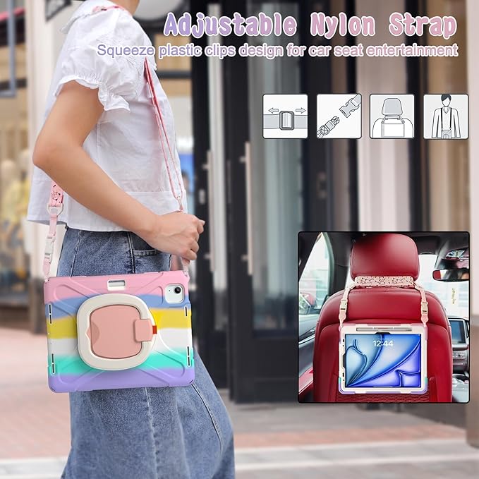 TSQQST Case for iPad Air 11 Inch M4 2026/M3 2025/M2 2024, Cover for iPad Air 5th 4th Generation 10.9"/Pro 11 4th/3rd/2nd/1st Heavy Duty Shockproof Case w/Screen Protector+Handle Grip+Strap, Rainbow