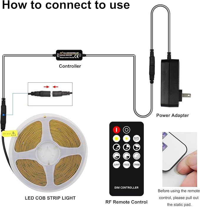 AXMOTUT COB LED Strip Light Warm White, High Bright LED Strips with 2400LEDs, RF Remote and UL Power Supply, 3000K Dimmable LED Lights for Bedroom, Kitchen, DIY Home Decoration