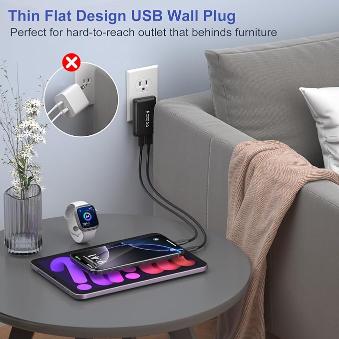 Slim Flat USB C Wall Plug, OKRAY 50W Ultra-Thin&Foldable Dual USB Charger PD30W USB-C+USB-A Fast Charging Block Multiport Travel Power Adapter for iPhone 17 Air 16 15 14 13 12 Pro,iPad, Galaxy S25 S24