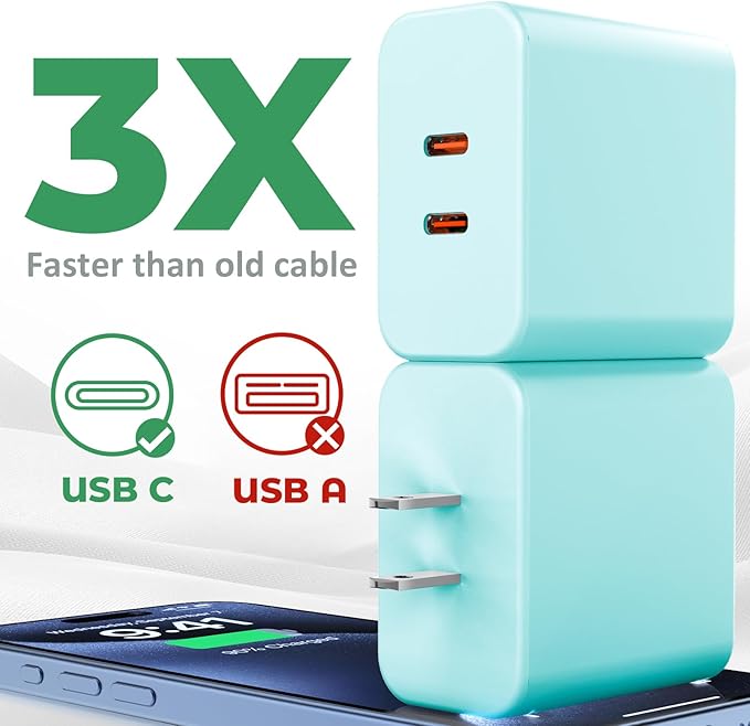 USB C Charger Block, 40W Dual Port Fast Charger 20W Type C Charging Block 3.1A USB Wall Charger Dual Port PD+QC Charging Cube for iPhone 15 16 14 13 12 11 Pro Max XS, iPad, Samsung Phone-Green