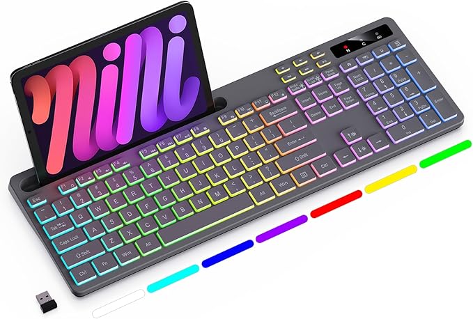 Soueto Wireless Keyboard with 7-Color RGB Backlit, Full-Size Computer Keyboard with Phone Tablet Holder, 2.4G Rechargeable Gaming Keyboard with Light Up Keys, Compatible with Mac, Windows (Grey)