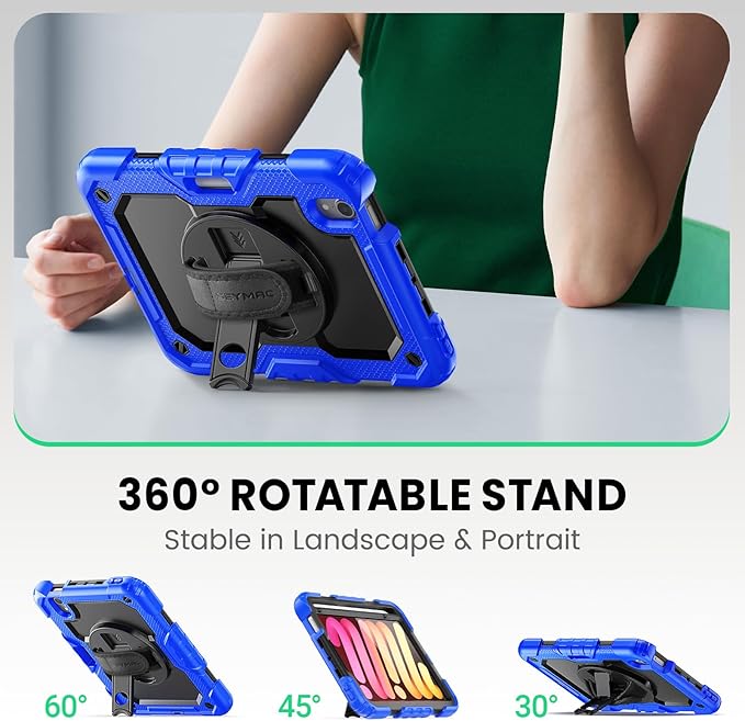 SEYMAC Case for iPad mini 7th Generation (A17 Pro) 2024/ Mini 6th Generation 8.3 Inch, Full-Body Shockproof Protective Case with Screen Protector, 360° Rotating Stand, Hand/Shoulder Strap, Blue