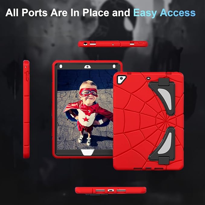 Case for iPad 6th/5th Generation 9.7 Inch 2018/2017, Rugged Full-Body Heavy Duty Soft Silicone Cute Protective Case Kids Boys Girls Cover with Handle Stand for iPad Air 2/Pro 9.7 - Red+Black
