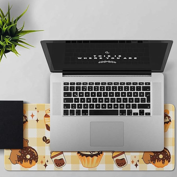 Kawaii Bear Gaming Mouse Pad for Desk, Extended Large Bear Chocolate Donut Mouse Pad, Orange Yellow Mousepad XL, Long Big Mouse Mat, Kawaii Bear Decor Stuff Accessories, 31.5 X 11.8 Inch