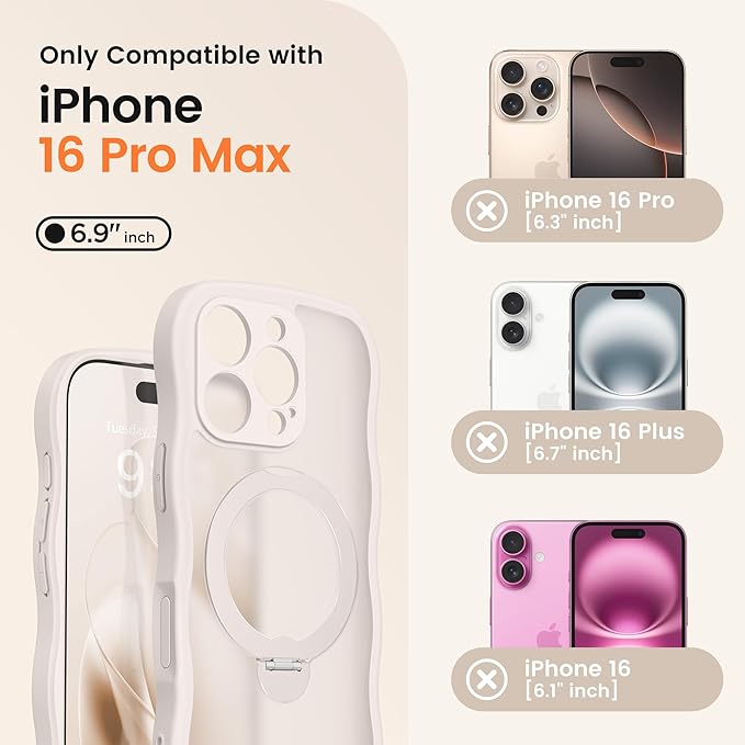 CAPRARO for iPhone 16 Pro Max Case with 360° Spin Magnetic Stand for Women, [Compatible with MagSafe] [Full Camera Protection] Cute Wave Translucent Matte Case for iPhone 16 Pro Max,Stone