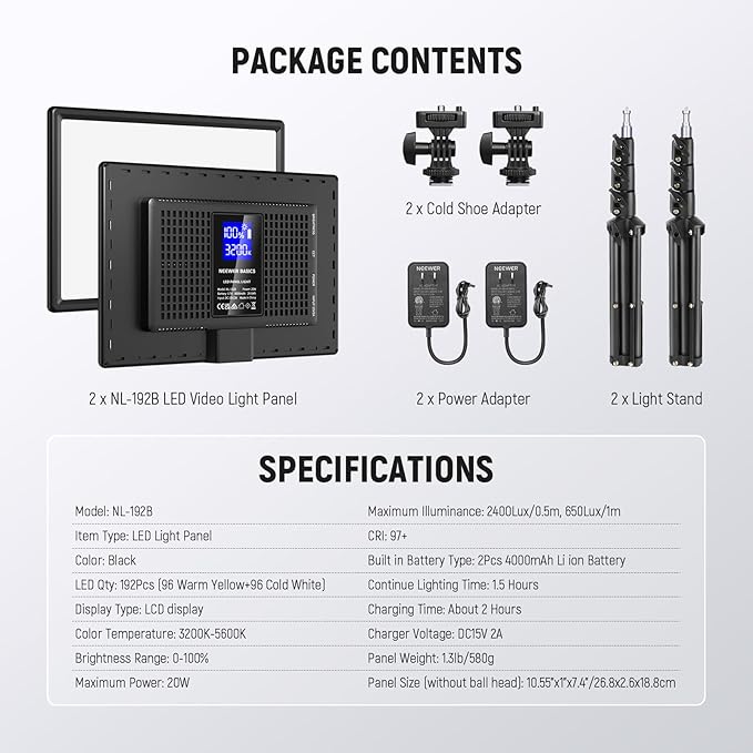 NEEWER BASICS 13" LED Video Light Panel, 2 Pack Studio Lighting Kit with Tripod Stands, Bi Color Photo Key Light for Streaming Photography Podcast Recording, 2400Lux 3200-5600K CRI97+ 8000mAh, NL-192B