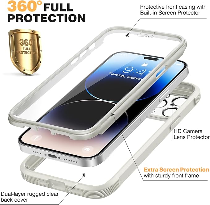 Diaclara Designed for iPhone 14 Pro Max Case 6.7’’, Full Body Rugged Phone Case w/Built-in Sensitive Anti-Scratch Screen Protector+9H Tempered Glass Camera Lens Protector(White)