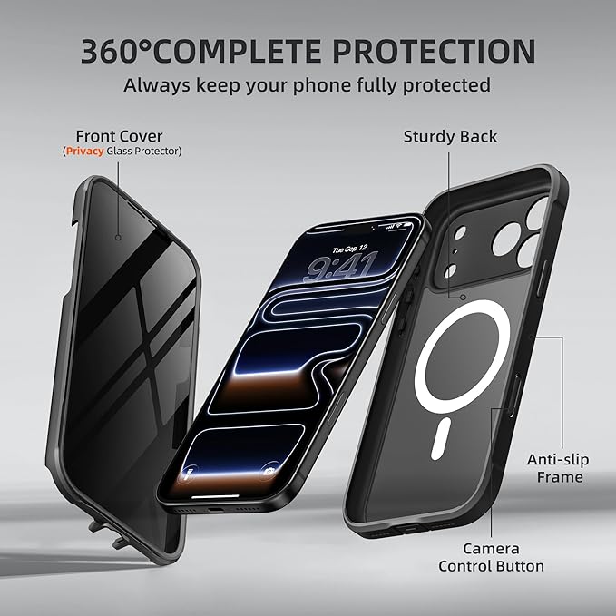 BERFY for iPhone 17 Pro Max Case, Compatible with MagSafe, Built-in Privacy Screen Protector, Camera Protection, Shockproof Full Body Phone Case 6.9", Translucent Black