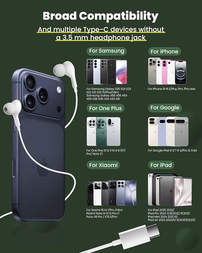 USB C Headphones Wired for iPhone 15 Plus 16 Pro Max 17 AIT Samsung Galaxy S26 S25 S24 S23 Ultra S22 A55 A56 A16 Earbuds in-Ear with Microphone Volume Control HiFi Usbc Headphones Type C iPad Pixel