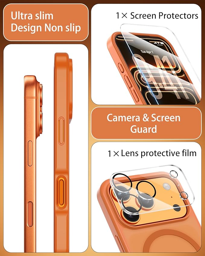 for iPhone 17 Pro Max Case Compatible with MagSafe,Includes Tempered Glass Screen & Lens Protectors,Matte Translucent Anti-Fingerprint,Military-Grade Shockproof Orange Cover