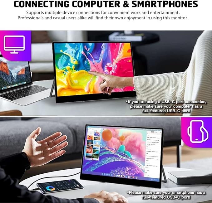 13.3 inch 4K 3840x2160 IPS Secondary Screen Portable Monitor 100% sRGB USB C HDMI Touch Small Computer Display for Gaming PC Laptop Drawing
