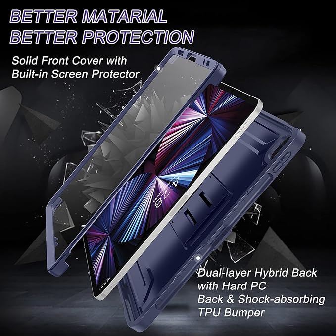 Soke Case for iPad Pro 11 Inch 2022/2021/2020/2018/iPad Air 5th/4th Generation,Built-in Screen Protector - Support 2nd Apple Pencil Charging - Heavy Duty Rugged Protective Kickstand Case - Navy