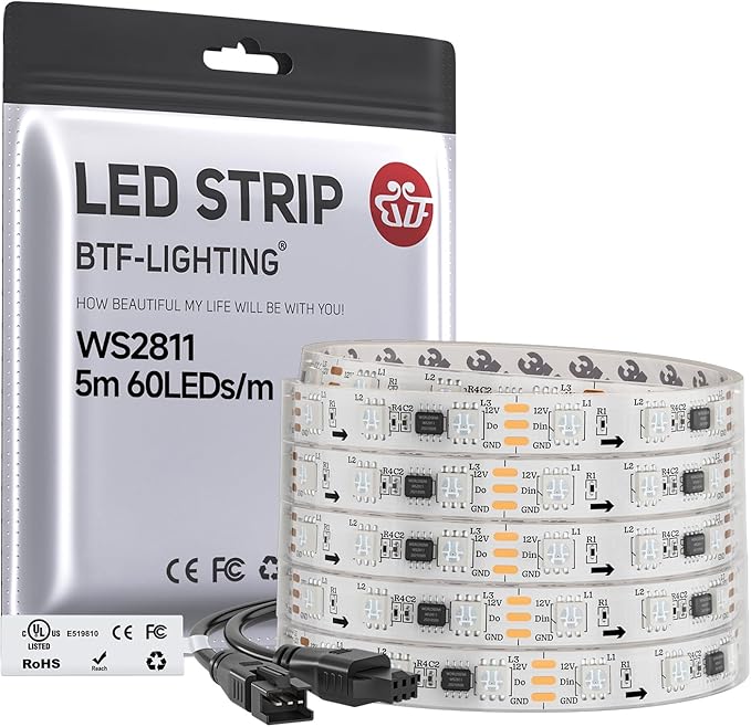 BTF-LIGHTING UL Listed WS2811 IC=RGB+IC Addressable Color RGB LED Strip,16.4FT 60LED/m 10Pixels/m,IP67 White PCB Flexible DC12V Chasing Effect for Indoor Home Decor(No Adapter or Controller)