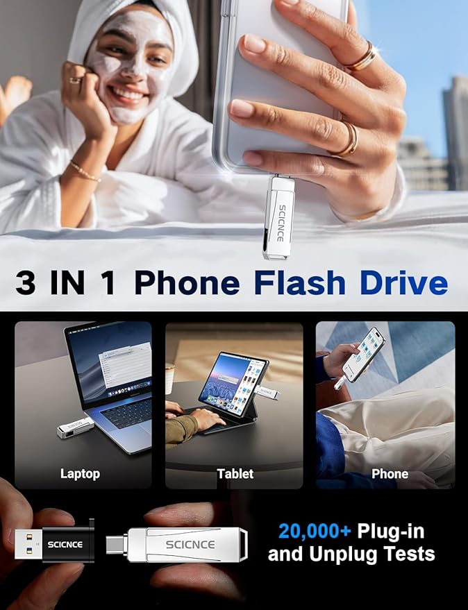 512GB Phone Flash Drive Photo Stick, USB Memory Stick for Photo Video Backup & Storage, No APP Required, Compatible with iPhone iPad Android PC, Bright Silver