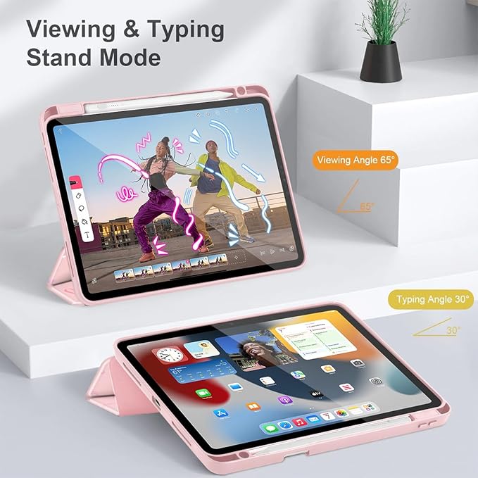 Tuiklol for iPad Pro 11 Inch 4th / 3rd / 2nd / 1st Gen (2022 2021 2020 2018) Case -Built-in Pencil Holder Shockproof Cover Clear Transparent Back Shell with Auto Wake/Sleep, Pink Bows
