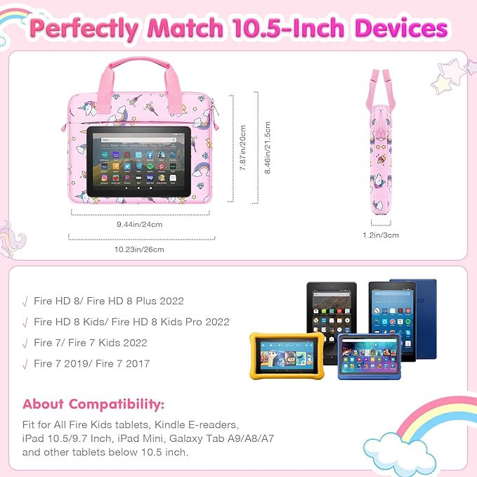 MoKo 7-8 Inch Kids Tablet Sleeve - Carrying Case for Fire 7/8 Kids Edition, Tablet Bag with Shoulder Strap, Pink Unicorn