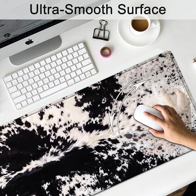 Large Gaming Mouse Pad, Extended Waterproof Desk Pad Protector (31.5" x 11.8") Ergonomics Memory Foam Mouse Wrist Rest Support, for Home Office Laptop, Black and White Cowhide Fur XXL Mouse Mat