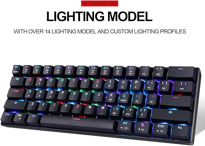 MOTOSPEED 60% Mechanical Keyboard Portable 61 Keys RGB LED Backlit Type-C USB Wired Office/Gaming Keyboard for Mac, Android, Windows（Red Switch）