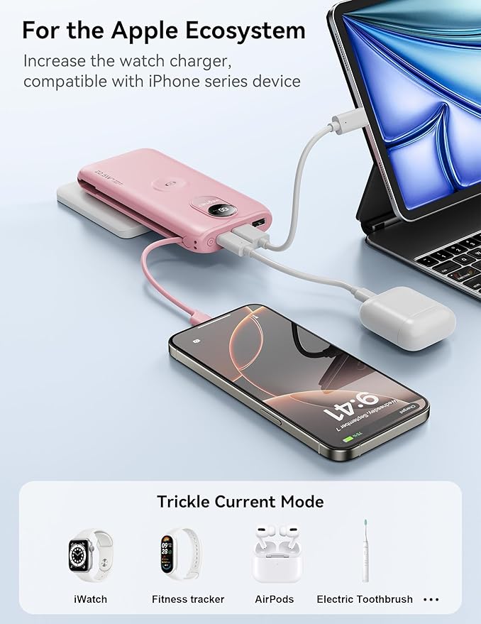 Portable Charger, 10000mAh 22.5W Power Bank Fast Charging with Wall Plug, Built-in Cables, LED Display, Compact Lightweight USB C Travel Battery Pack for iPhone 17/16, Android Cell Phone, Pad, iWatch
