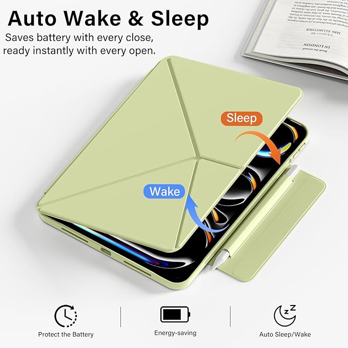 for iPad Pro 13 Inch Case (M5/M4) 2025/2024, Detachable Powerful Magnetic Attachment, Multiple Folding Stand, Slim Rebound Protection Cover, Auto Sleep/Wake, Green