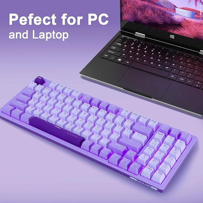 HUO JI Mechanical Gaming Keyboard USB Wired Compact with Number Pad, Purple Led Backlit, Blue Switch, Detachable Type C Cable, 94 Keys for PC/Computer/Laptop, White and Purple