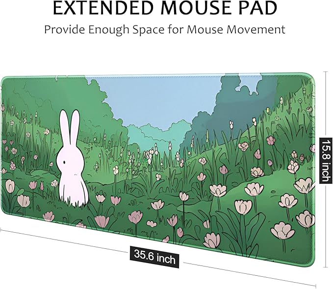 Auhoahsil Ultra Large Gaming Mousepad, XXL Extended Full Size Desktop Matt for Keyboard, Laptop & Computer, 35.5 x 15.7 in, Anime Bunny Green Grass