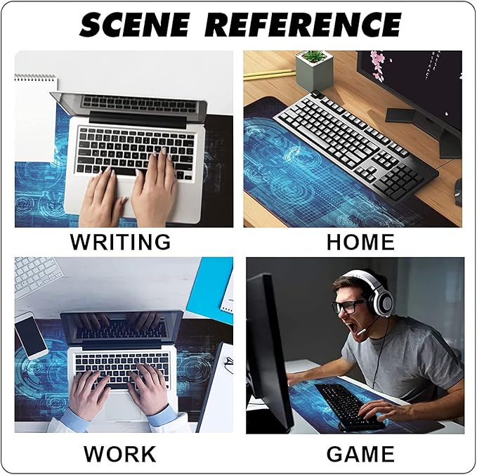 Extended Large Gaming Mouse Pad Abstract Blue Futuristic Tech XXL Size Keyboard Mouse Mat Desk Pad with Non Slip Rubber Base Stitched Edges Office Decor for Women Girls Men,35.4 x 15.7inch