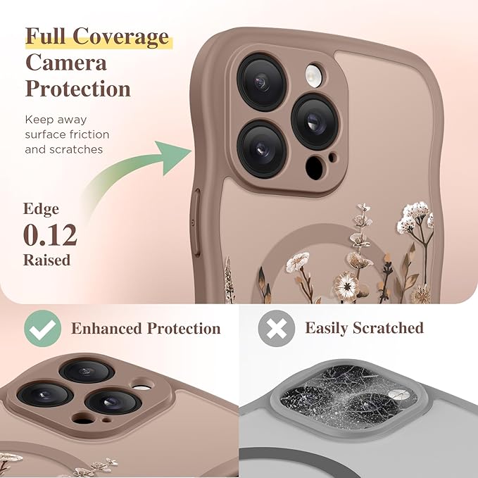 GVIEWIN for iPhone 14 Pro Case Compatible with MagSafe [Curly Wave Edge][Full Camera Protection] Floral Translucent Shockproof Magnetic Women Phone Case for 14 Pro, Floratopia/Brown