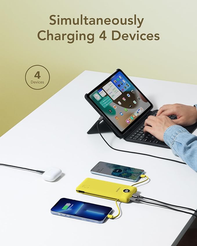 VEGER Portable Charger with Built-in AC Plug and Cables, All in One 10000mAh Ultra Slim Power Bank Travel Essentials, Fast Charging Battery Pack Compatible with iPhone, Samsung, Android (Yellow)