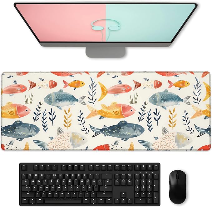 Watercolor Fish Gaming Mouse Pad, Large Desk Mat with Aquatic Plant for Laptop Keyboard Computer, Non-Slip Rubber Base Desktop Extended Mousepad for Office Home Accessories 31.5"×11.8"