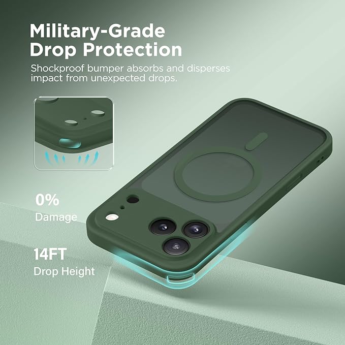 CAPRARO Magnetic for iPhone 17 Pro Case, Upgraded [Full Camera Protection] [Compatible with MagSafe] Protective Translucent Matte Women Girl Phone Case Cover, Deep Green