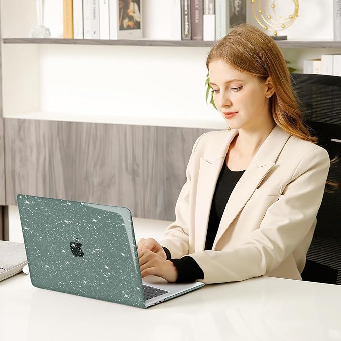 MOSISO Glitter Cover Compatible with MacBook Air 13 inch Case M5 2026 M4 2025 M3 M2 2024-2022 A3449 A3240 A3113 A2681, 4 in 1 Kit Bling Sparkly Hard Shell for MacBook Air 13.6 inch Case, Emerald Green