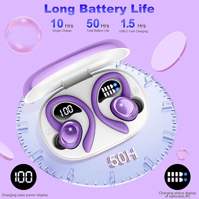 Hupoaf Wireless Earbuds Sport, 2025 Bluetooth 5.4 Headphones with Earhooks, 50H Stereo Deep Bass Over Ear Buds with 4 ENC Noise Canceling Mics, IP7 Waterproof Earphones for Running Workout Gym -Purple