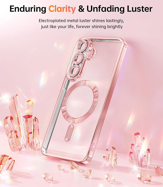Meifigno Designed for Samsung Galaxy S25 Plus Case, [Compatible with MagSafe] [2X HD Screen Protectors] [Glitter Card & Wrist Strap] Surround Raised Lens Protection Case for S25 Plus 6.7", Rose Gold