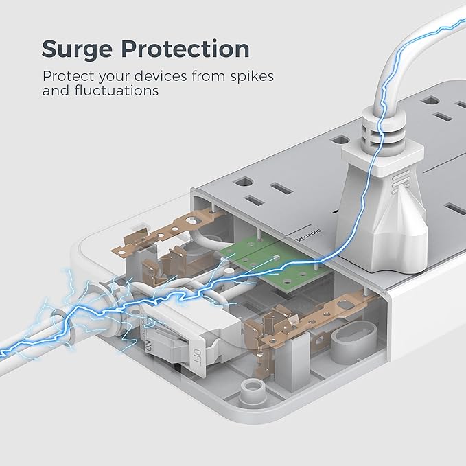 TESSAN Power Strip Surge Protector, 15FT Flat Plug Extension Cord with 8 Outlets 3 USB Charger(1 USB C), 1080 Joules Protection, Wall Mountable Charging Station for Home Office Dorm, Gray