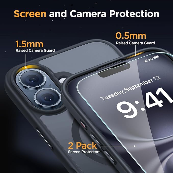 Miracase Magnetic for iPhone 16 Plus Case [with 2X Screen Protectors] [Compatible with MagSafe], Slim Thin Phone Case Military-Grade Protected for iPhone 16 Plus Cover Bumper 6.7 Inch, Black