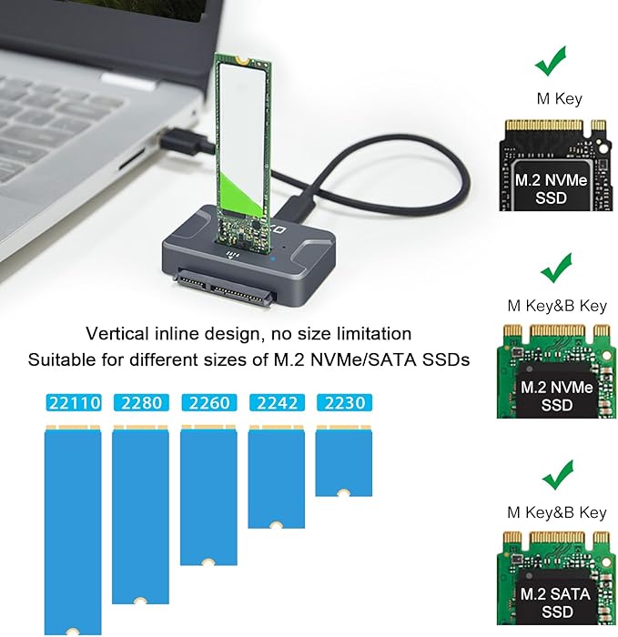 AOKO NVMe to USB 3.2(10Gbps) SSD Reader Docking Station – Portable M.2 SSD to USB Adapter External NVMe SSD Enclosure for M.2 PCIe NVMe and M.2 SATA SSD, Compatible with 2.5'' SATA Dirve