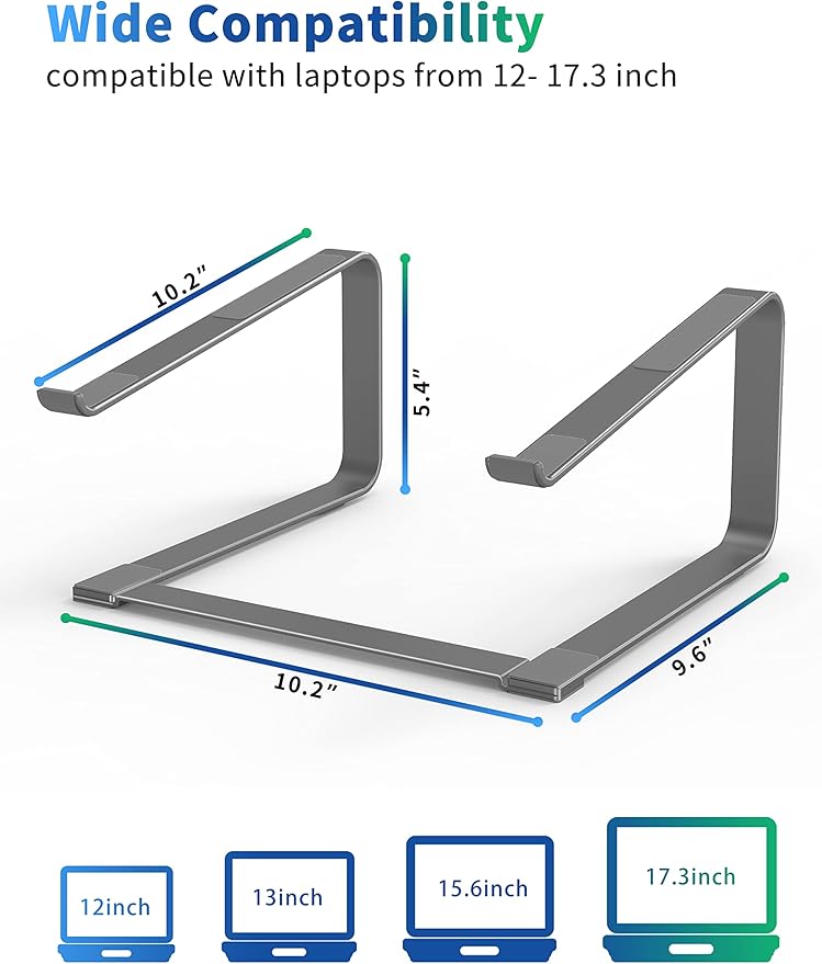 SOUNDANCE Laptop Stand for Desk, Ergonomic Metal Computer Riser for 12-17.3 Inch Laptops, Heavy Duty Stable Desktop Holder, Improves Eye Level & Workspace Organization, Grey