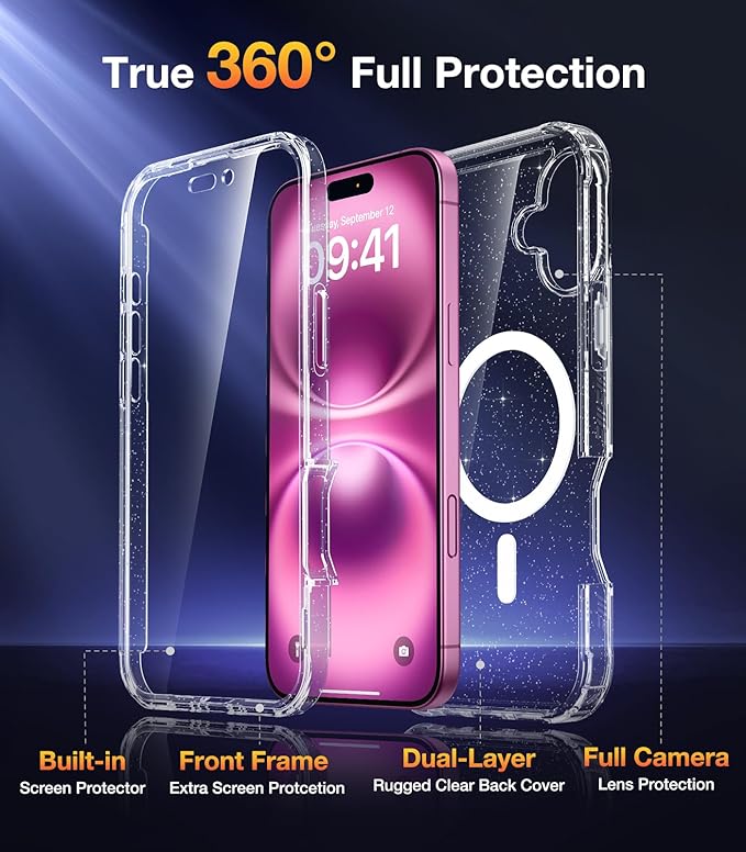 Diaclara Magnetic Designed for iPhone 16 Case, Compatible with MagSafe Built-in Touch Sensitive Anti-Scratch Screen Protector, Upgraded [Full Camera Protection] for iPhone 16 6.1" (Clear Glitter)