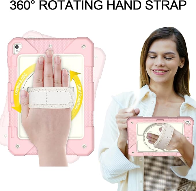 MENZO Shockproof Case for iPad 5th Gen/6th Gen/Air 2/Pro 9.7-inch with 360° Swivel Stand, Pencil Holder, Detachable Hand and Shoulder Strap, Beige+Pink